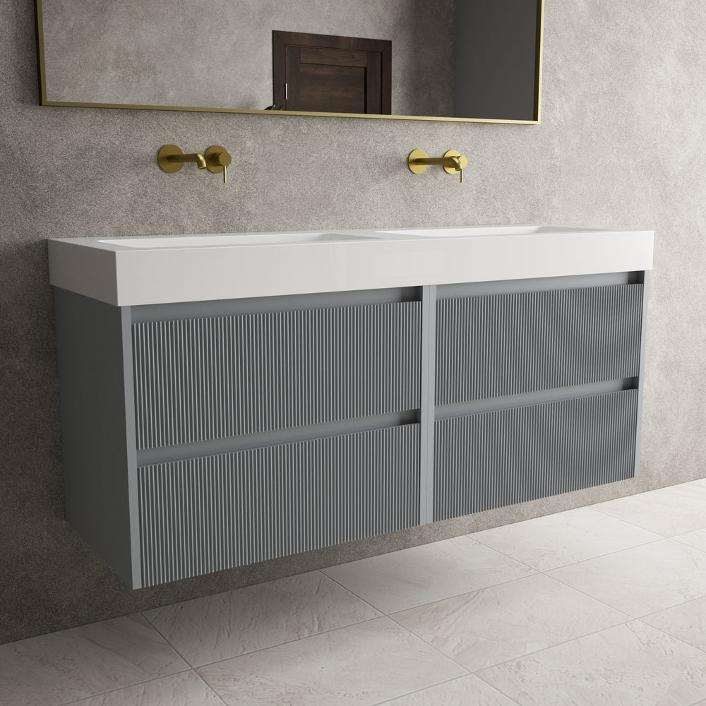 Scanalato Four Drawer Vanity Unit With Beyondstone BLOC Double Basin - Dove Grey 1400mm