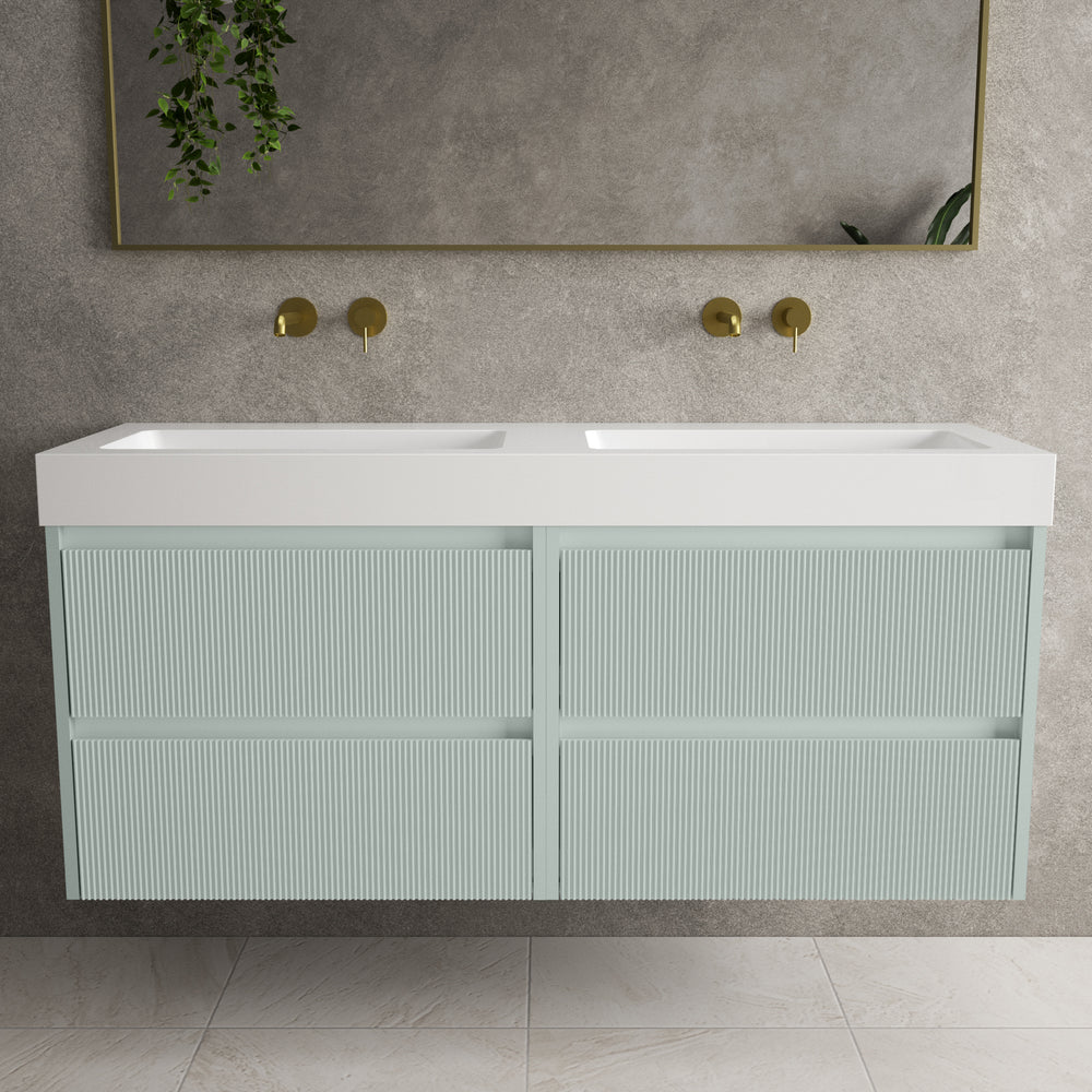 Scanalato Four Drawer Vanity Unit With Beyondstone BLOC Double Basin - Peppermint 1400mm