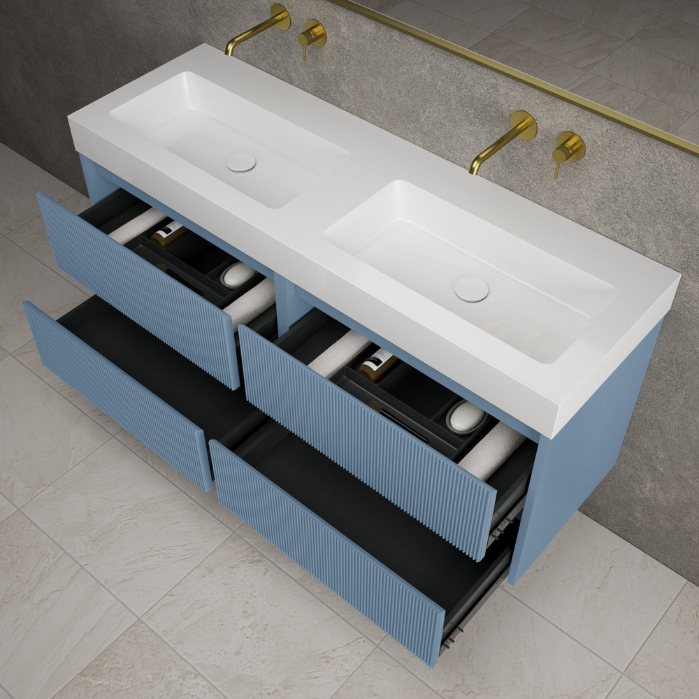 Scanalato Four Drawer Vanity Unit With Beyondstone BLOC Double Basin - Soft Blue 1400mm