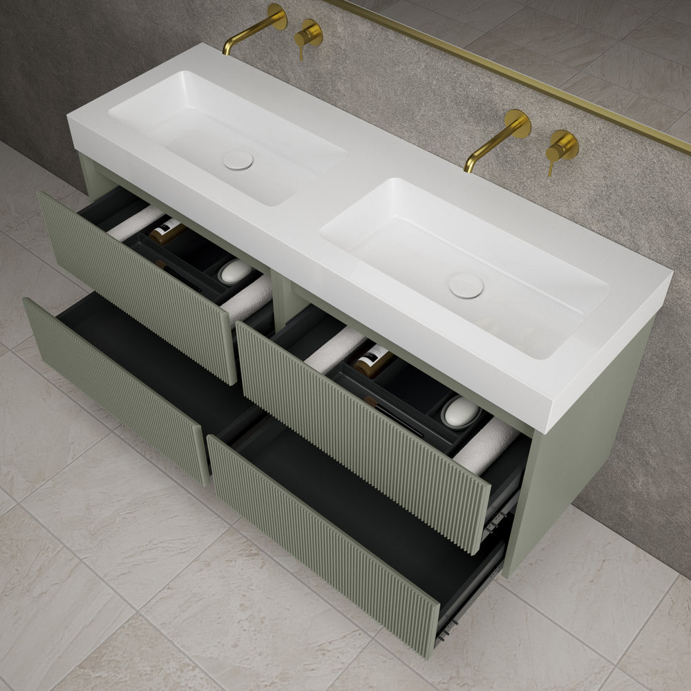 Scanalato Four Drawer Vanity Unit With Beyondstone BLOC Double Basin - Pistachio 1400mm