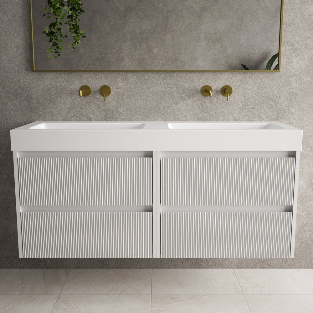 Scanalato Four Drawer Vanity Unit With Beyondstone BLOC Double Basin - Soft Grey 1400mm