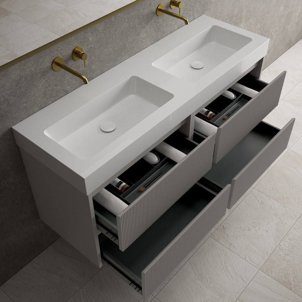 Scanalato Four Drawer Vanity Unit With Beyondstone BLOC Double Basin - Rich Taupe 1400mm