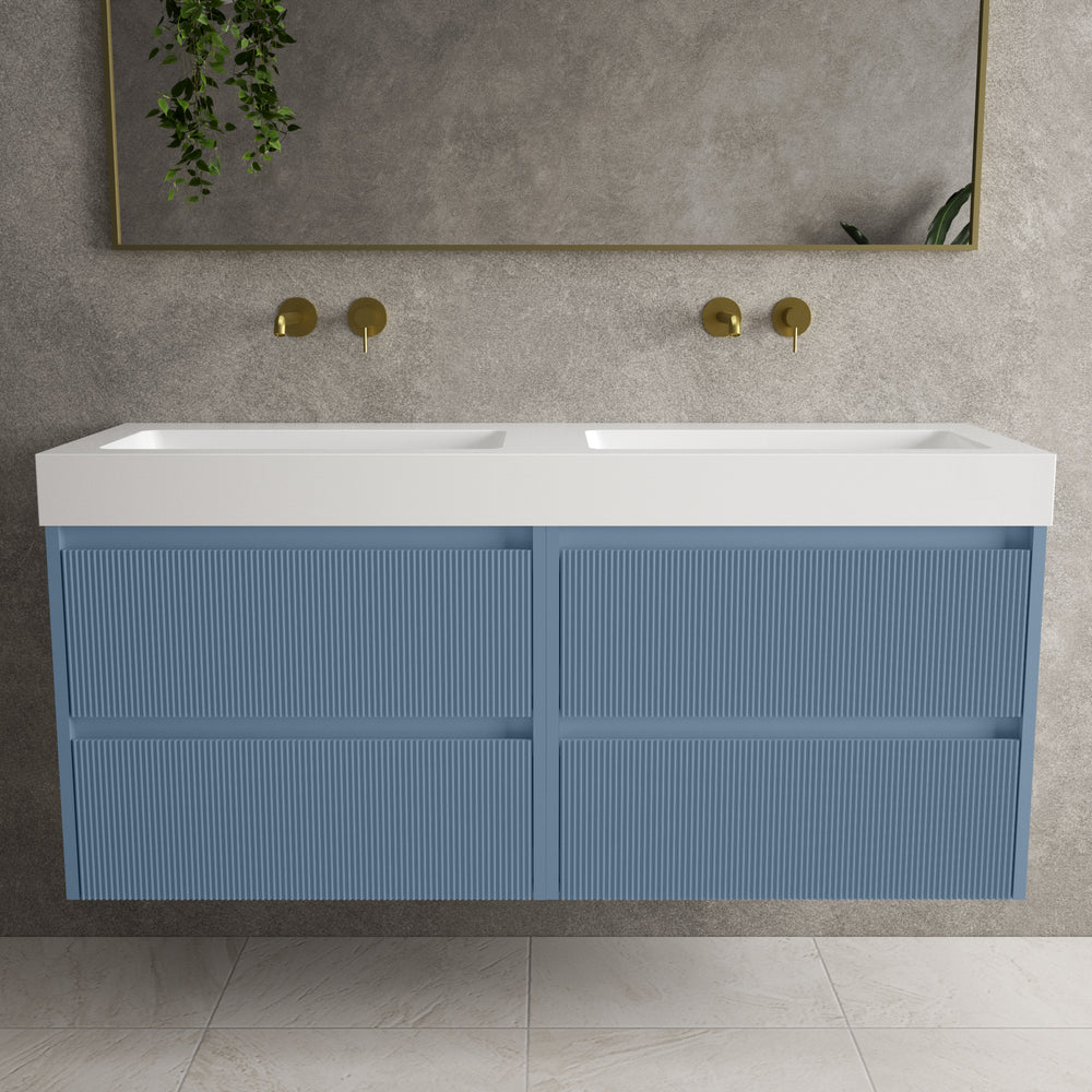 Scanalato Four Drawer Vanity Unit With Beyondstone BLOC Double Basin - Soft Blue 1400mm