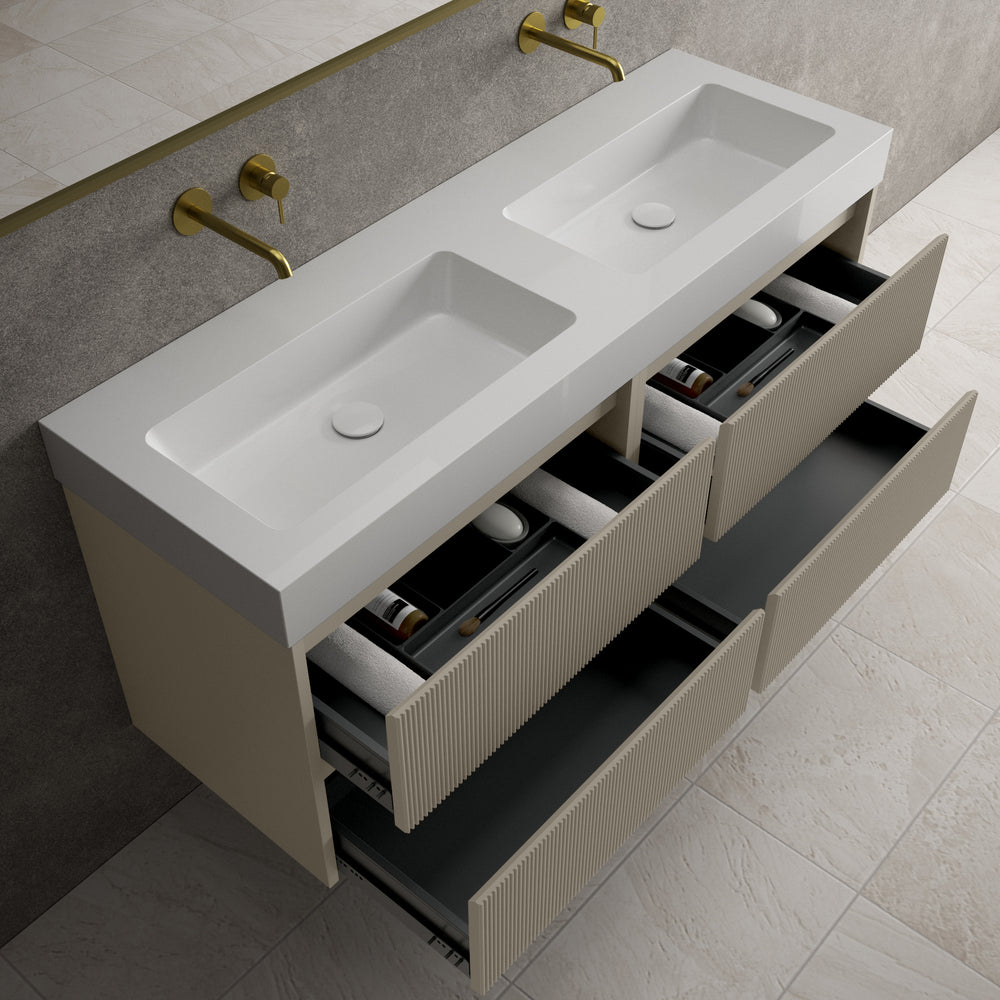 Scanalato Four Drawer Vanity Unit With Beyondstone BLOC Double Basin - Soft Taupe 1400mm