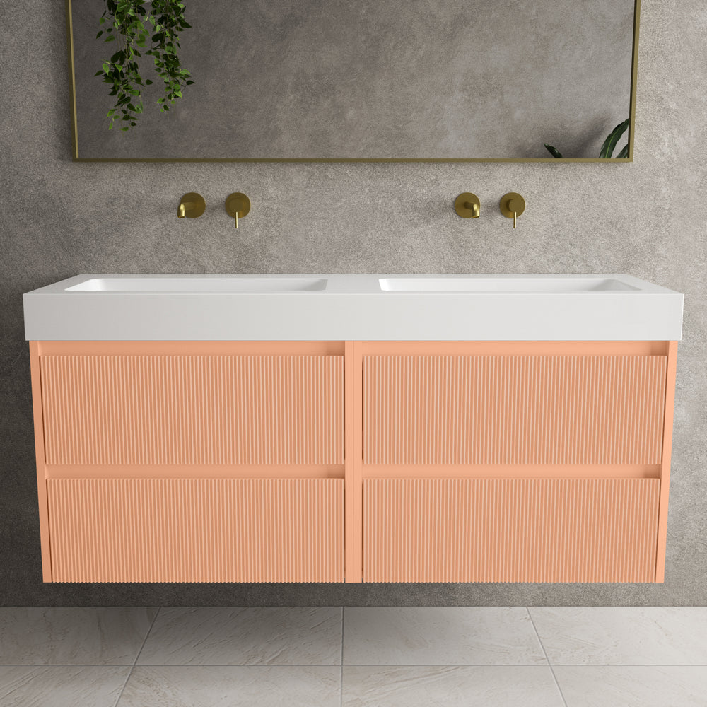 Scanalato Four Drawer Vanity Unit With Beyondstone BLOC Double Basin - Peach Fuzz 1400mm