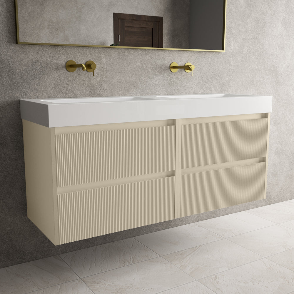 Scanalato Four Drawer Vanity Unit With Beyondstone BLOC Double Basin - Cashmere 1400mm