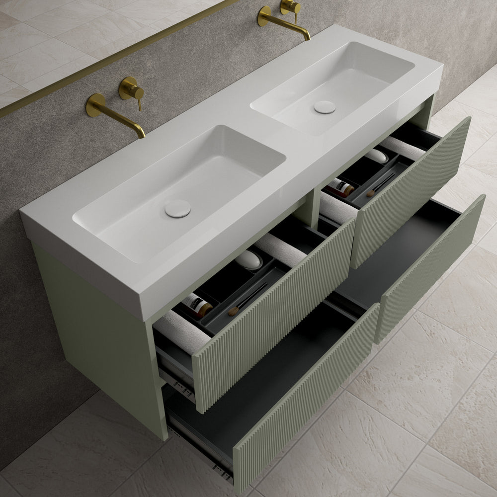 Scanalato Four Drawer Vanity Unit With Beyondstone BLOC Double Basin - Pistachio 1400mm