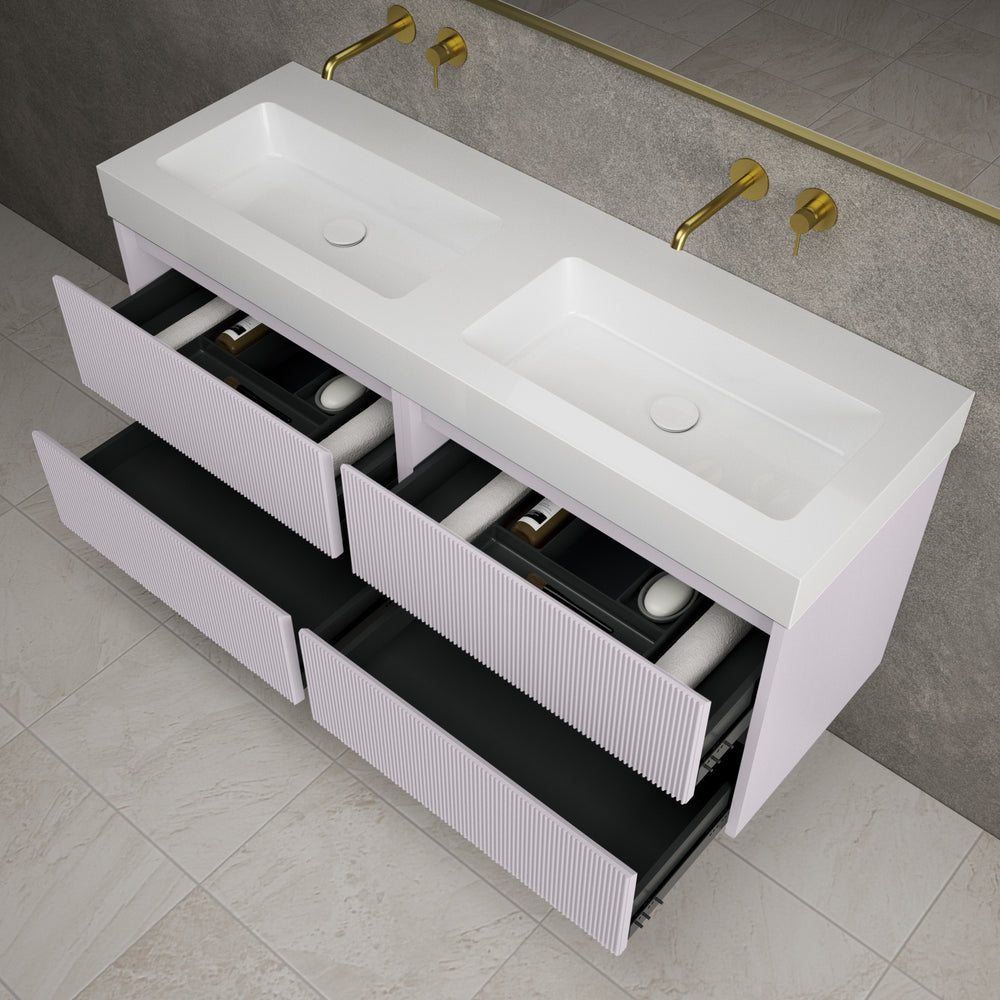 Scanalato Four Drawer Vanity Unit With Beyondstone BLOC Double Basin - Soft Violet 1400mm