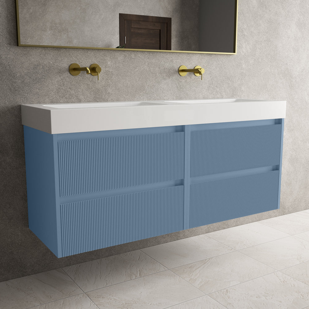 Scanalato Four Drawer Vanity Unit With Beyondstone BLOC Double Basin - Soft Blue 1400mm