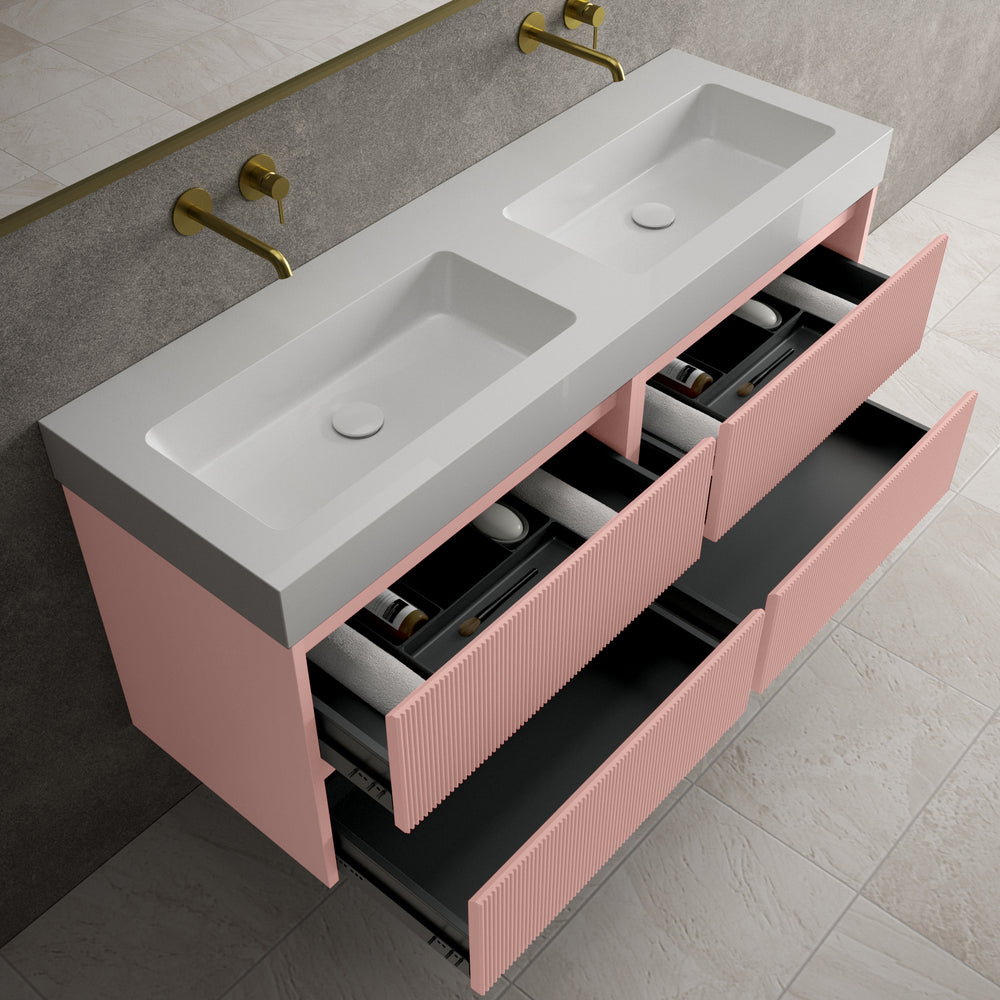 Scanalato Four Drawer Vanity Unit With Beyondstone BLOC Double Basin - Dusky Pink 1400mm