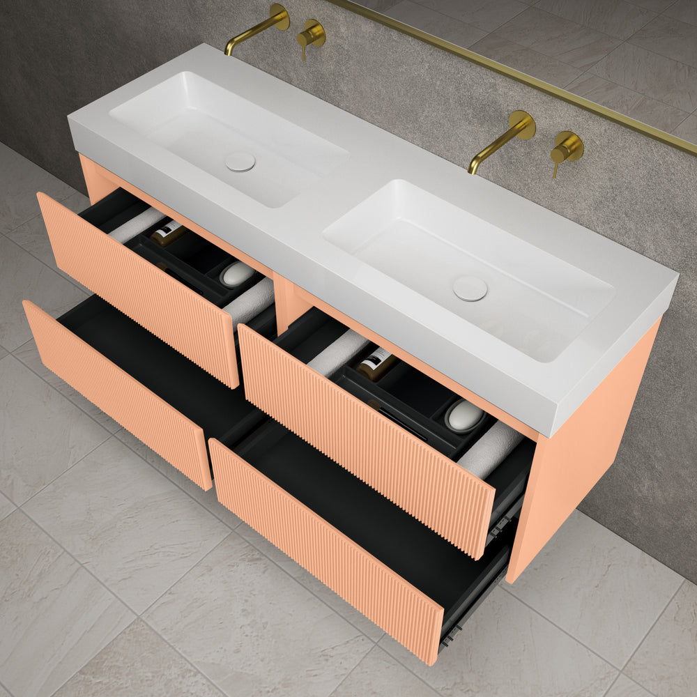 Scanalato Four Drawer Vanity Unit With Beyondstone BLOC Double Basin - Peach Fuzz 1400mm