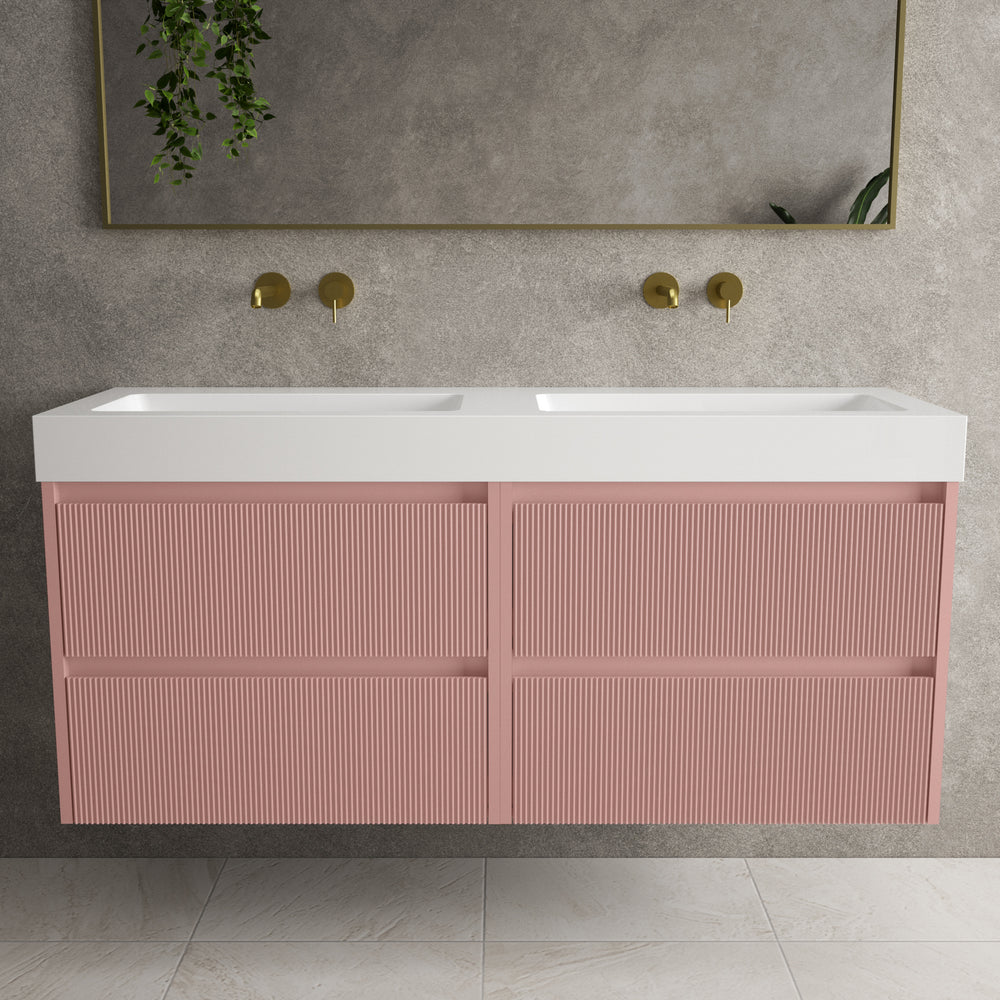 Scanalato Four Drawer Vanity Unit With Beyondstone BLOC Double Basin - Dusky Pink 1400mm
