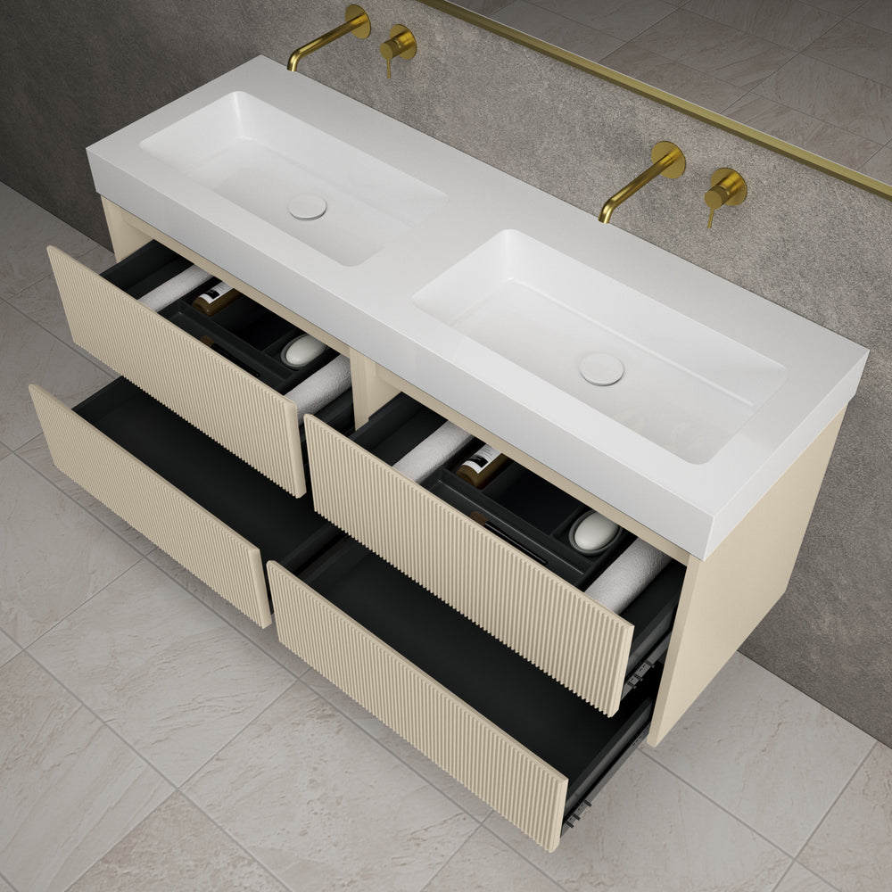 Scanalato Four Drawer Vanity Unit With Beyondstone BLOC Double Basin - Cashmere 1400mm