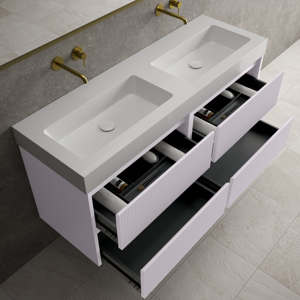 Scanalato Four Drawer Vanity Unit With Beyondstone BLOC Double Basin - Soft Violet 1400mm
