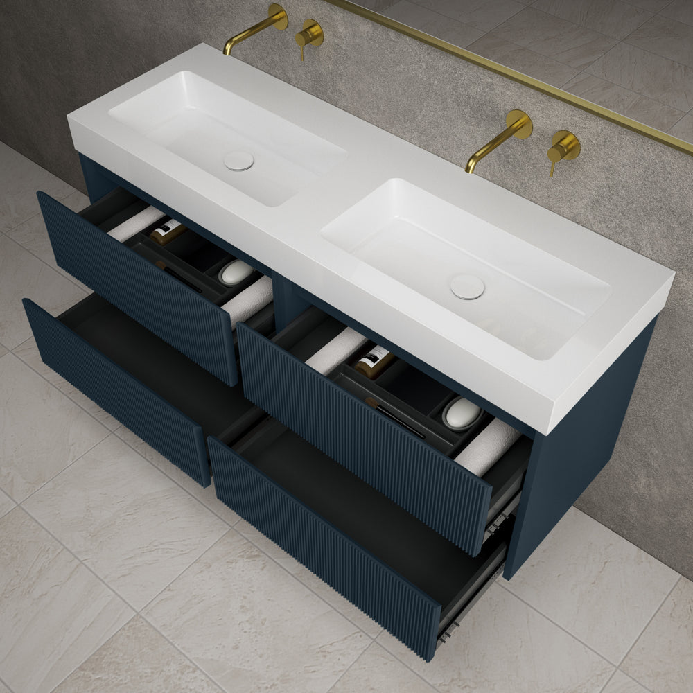 Scanalato Four Drawer Vanity Unit With Beyondstone BLOC Double Basin - Midnight Blue 1400mm