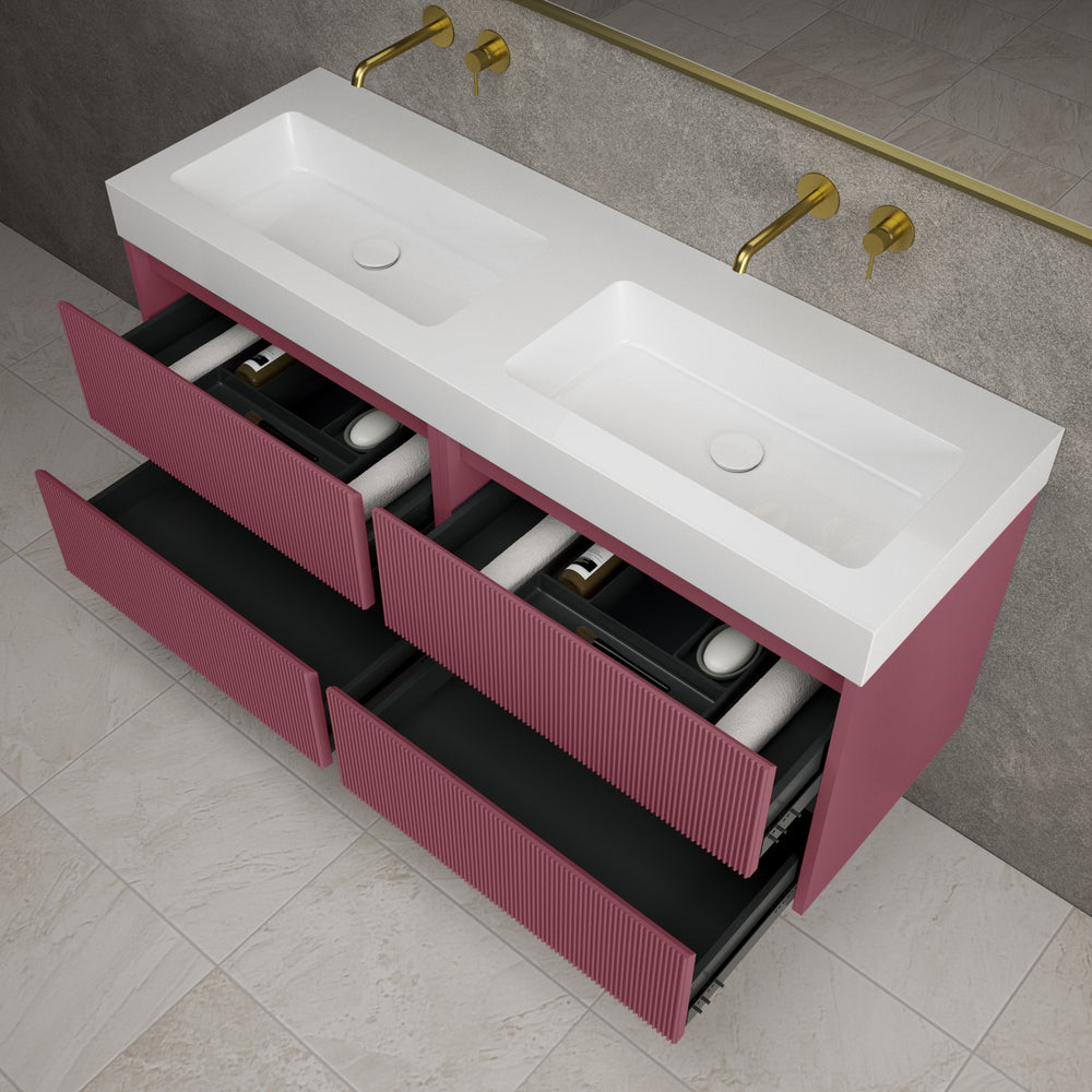 Scanalato Four Drawer Vanity Unit With Beyondstone BLOC Double Basin - Mineral Red 1400mm