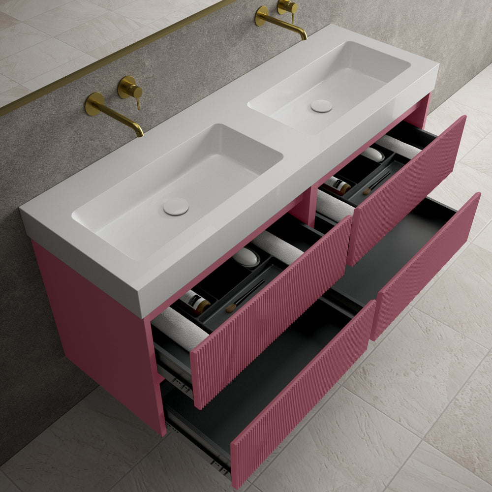 Scanalato Four Drawer Vanity Unit With Beyondstone BLOC Double Basin - Mineral Red 1400mm