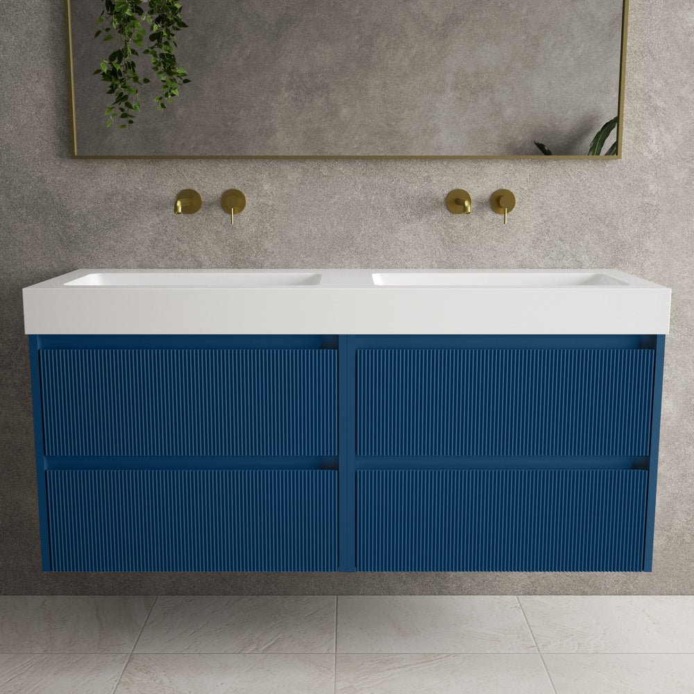 Scanalato Four Drawer Vanity Unit With Beyondstone BLOC Double Basin - Ocean Blue 1400mm