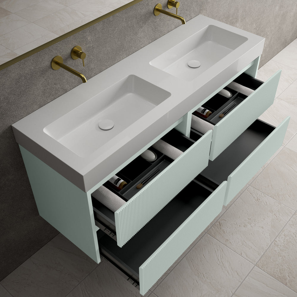 Scanalato Four Drawer Vanity Unit With Beyondstone BLOC Double Basin - Peppermint 1400mm