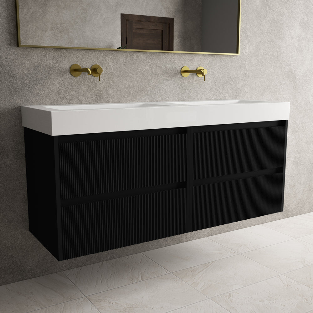Scanalato Four Drawer Vanity Unit With Beyondstone BLOC Double Basin - Pure Black 1400mm