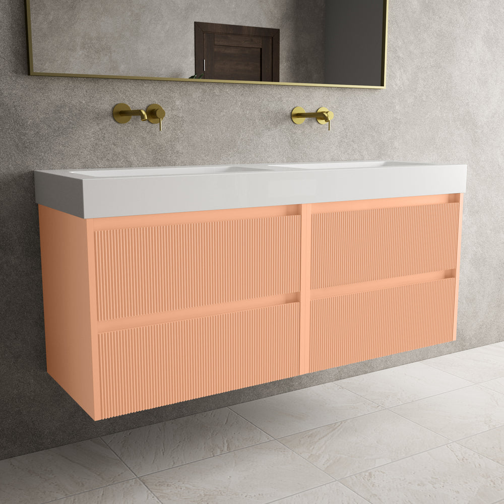 Scanalato Four Drawer Vanity Unit With Beyondstone BLOC Double Basin - Peach Fuzz 1400mm