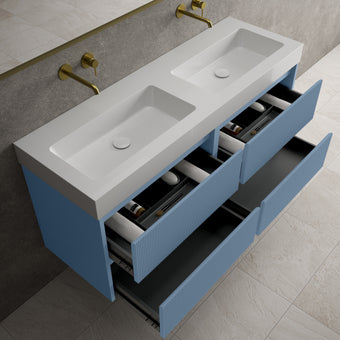 Scanalato Four Drawer Vanity Unit With Beyondstone BLOC Double Basin - Soft Blue 1400mm