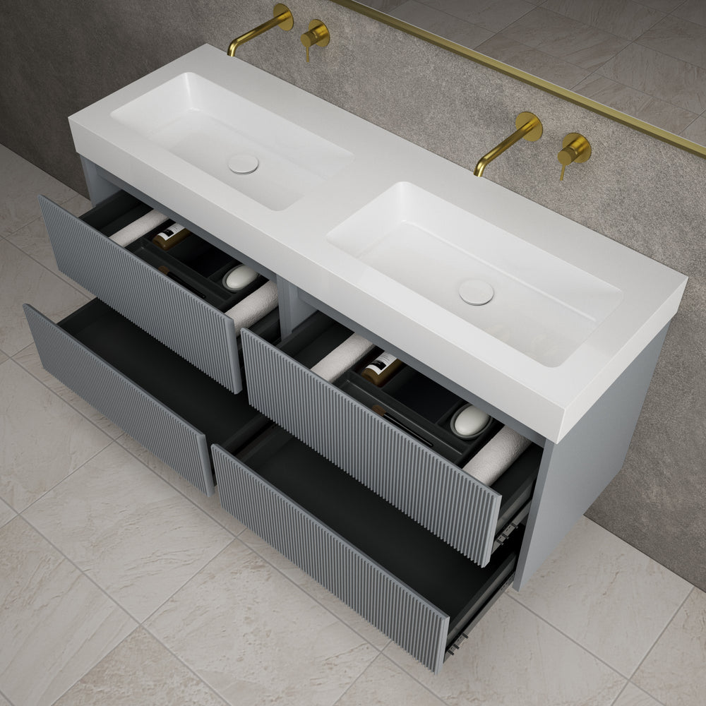 Scanalato Four Drawer Vanity Unit With Beyondstone BLOC Double Basin - Dove Grey 1400mm
