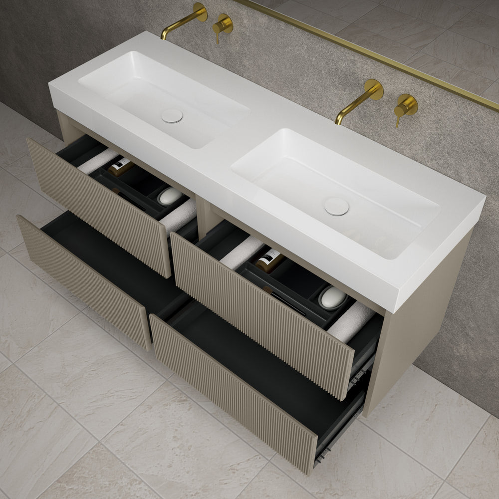 Scanalato Four Drawer Vanity Unit With Beyondstone BLOC Double Basin - Soft Taupe 1400mm