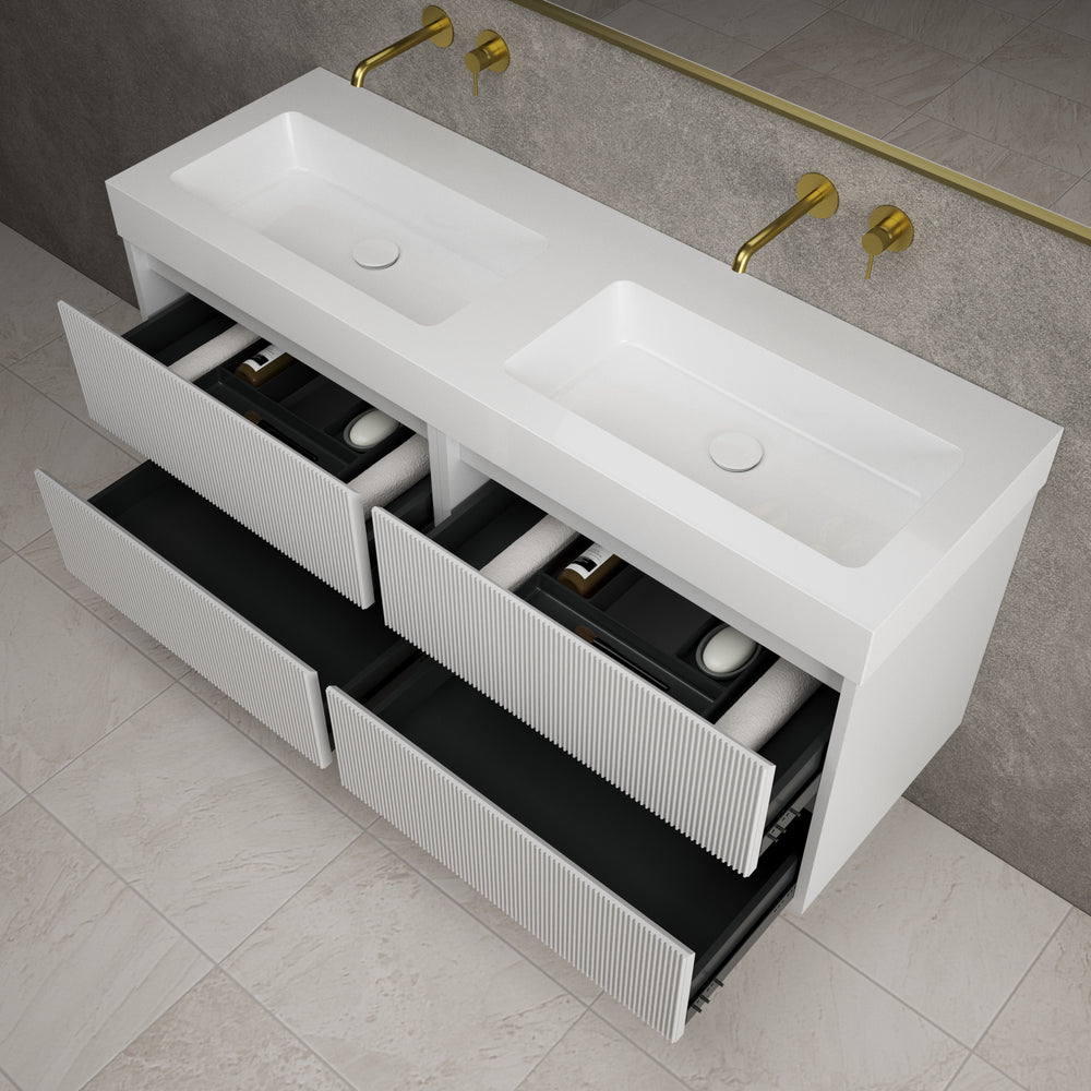 Scanalato Four Drawer Vanity Unit With Beyondstone BLOC Double Basin - Soft Grey 1400mm