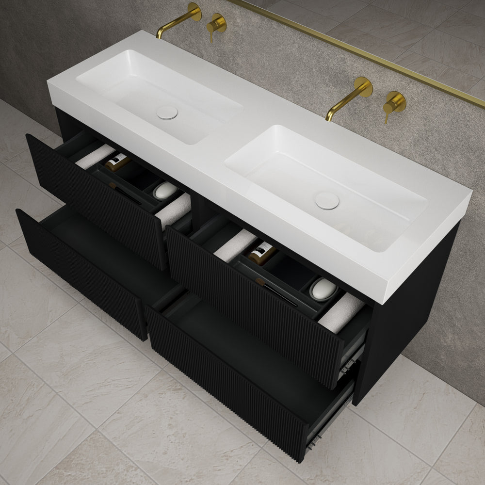 Scanalato Four Drawer Vanity Unit With Beyondstone BLOC Double Basin - Pure Black 1400mm
