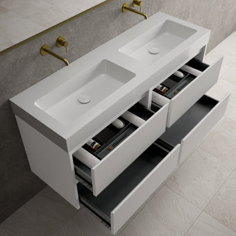 Scanalato Four Drawer Vanity Unit With Beyondstone BLOC Double Basin - Soft Grey 1400mm