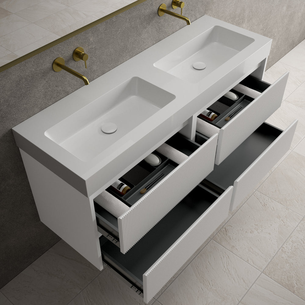 Scanalato Four Drawer Vanity Unit With Beyondstone BLOC Double Basin - Soft Grey 1400mm