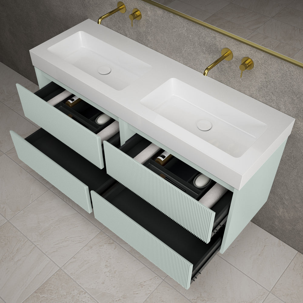 Scanalato Four Drawer Vanity Unit With Beyondstone BLOC Double Basin - Peppermint 1400mm