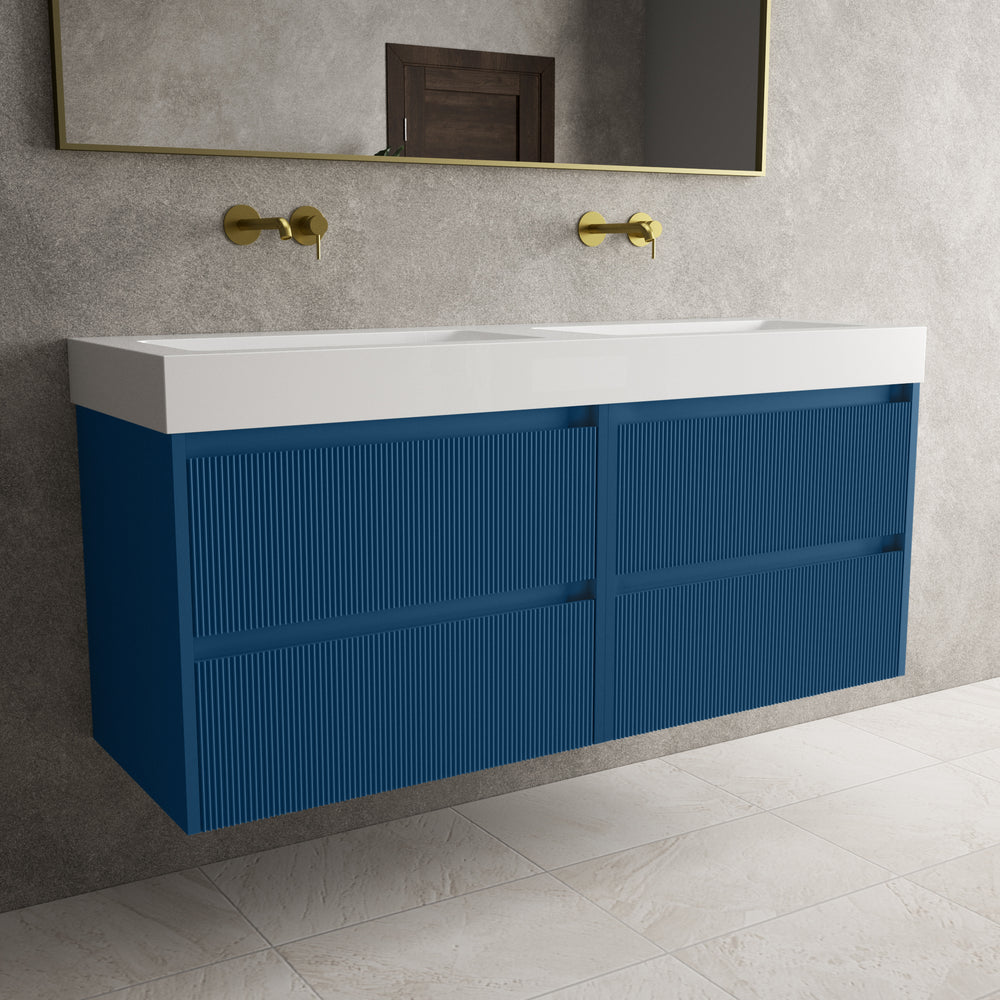 Scanalato Four Drawer Vanity Unit With Beyondstone BLOC Double Basin - Ocean Blue 1400mm