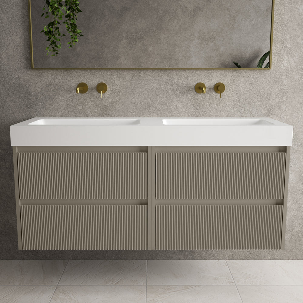 Scanalato Four Drawer Vanity Unit With Beyondstone BLOC Double Basin - Soft Taupe 1400mm