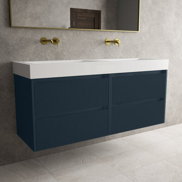 Scanalato Four Drawer Vanity Unit With Beyondstone BLOC Double Basin - Midnight Blue 1400mm