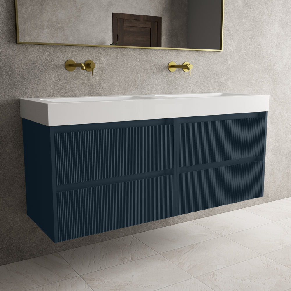 Scanalato Four Drawer Vanity Unit With Beyondstone BLOC Double Basin - Midnight Blue 1400mm