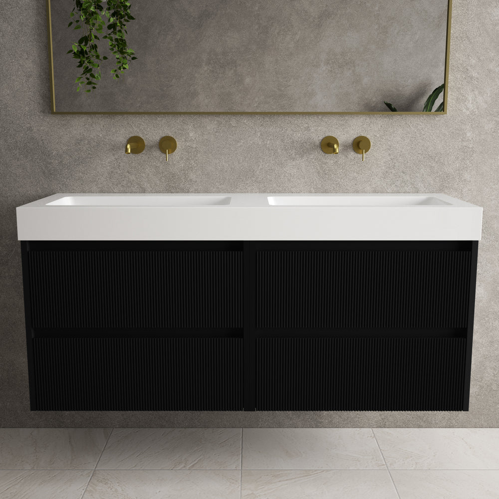 Scanalato Four Drawer Vanity Unit With Beyondstone BLOC Double Basin - Pure Black 1400mm