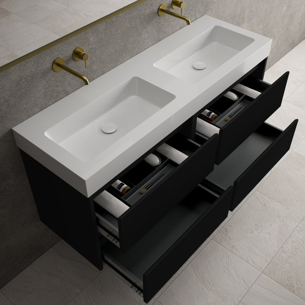 Scanalato Four Drawer Vanity Unit With Beyondstone BLOC Double Basin - Pure Black 1400mm