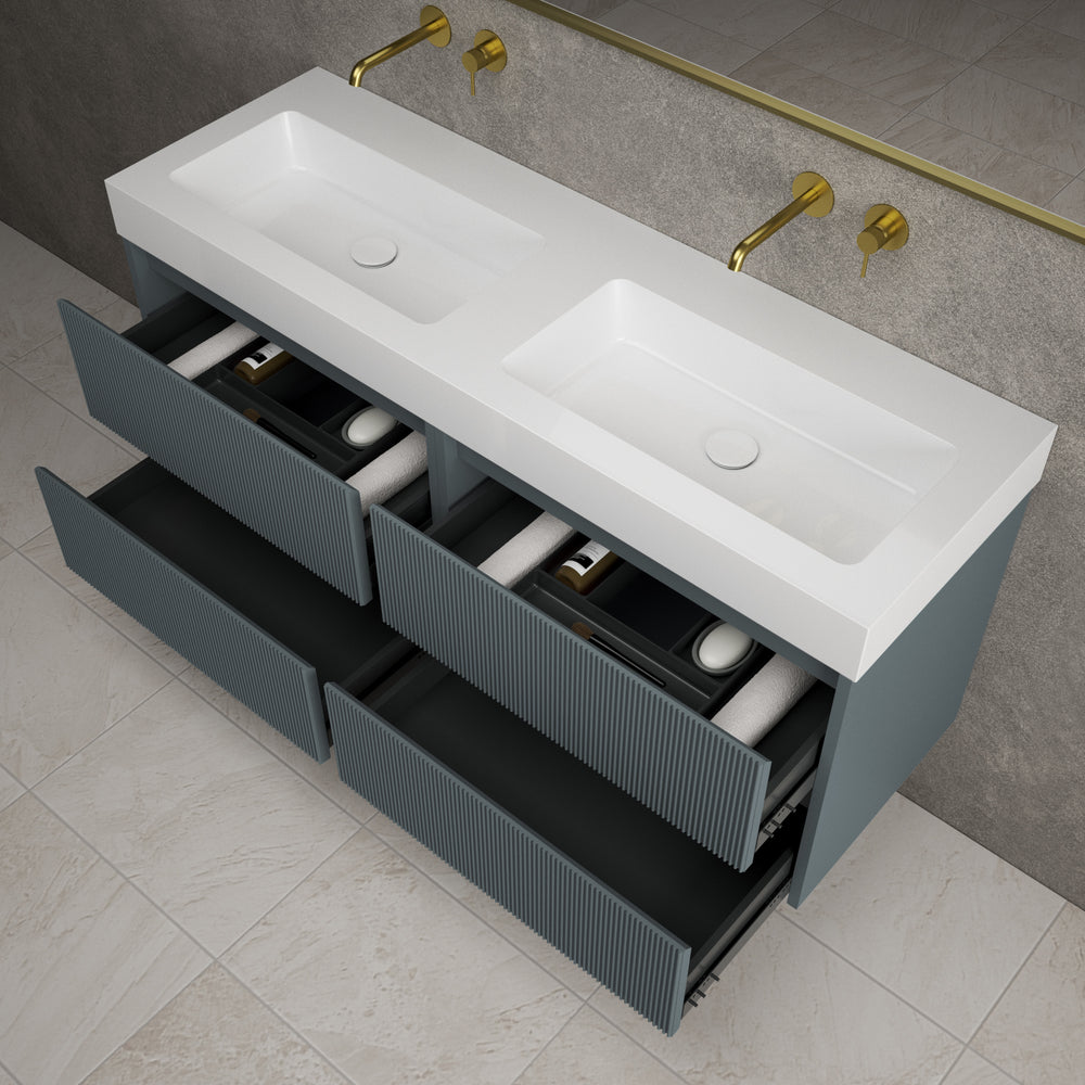 Scanalato Four Drawer Vanity Unit With Beyondstone BLOC Double Basin - Slate Grey 1400mm