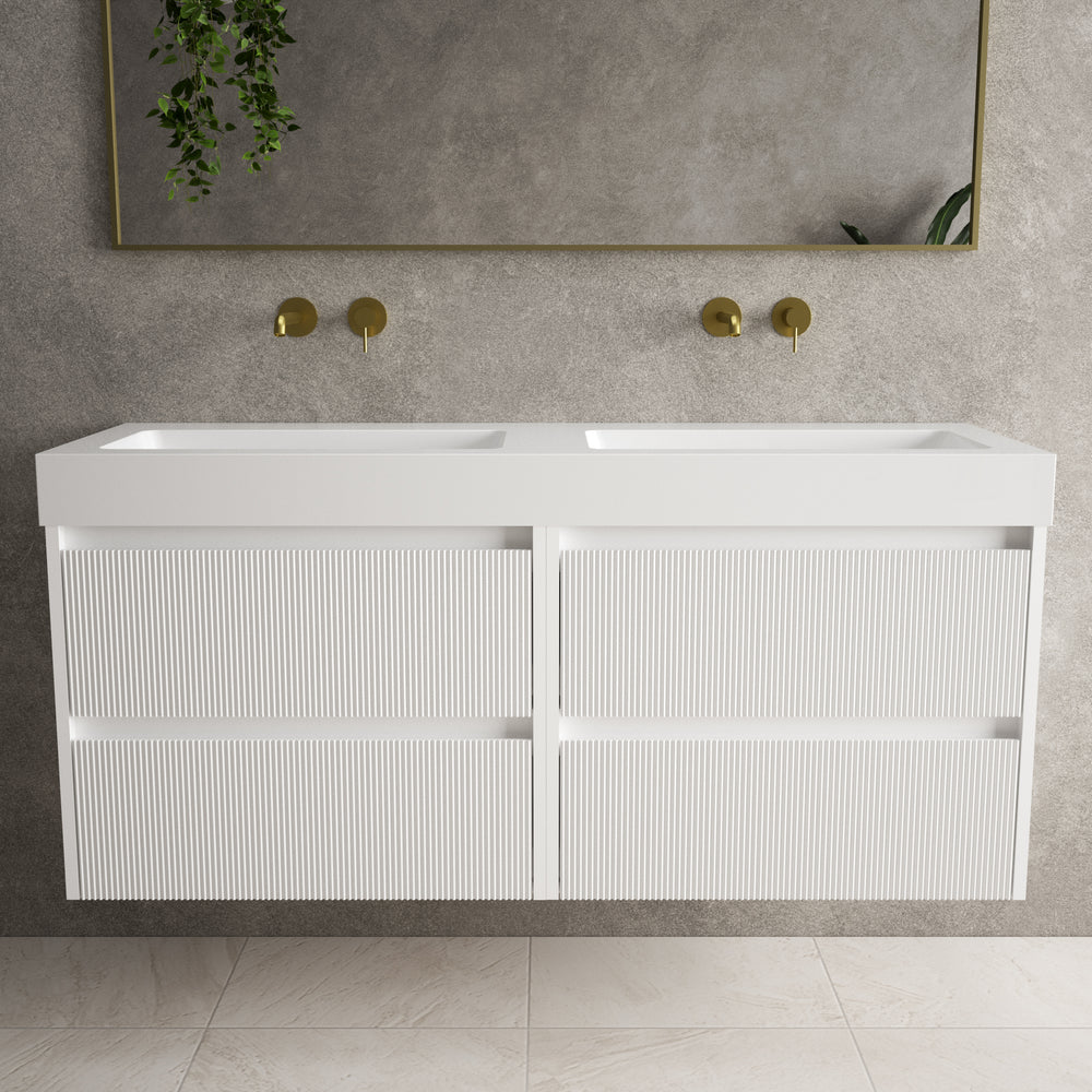 Scanalato Four Drawer Vanity Unit With Beyondstone BLOC Double Basin - Pure White 1400mm