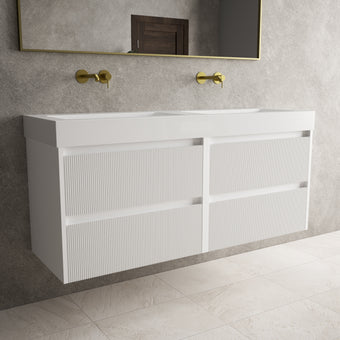 Scanalato Four Drawer Vanity Unit With Beyondstone BLOC Double Basin - Pure White 1400mm