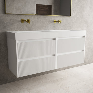 Scanalato Four Drawer Vanity Unit With Beyondstone BLOC Double Basin - Pure White 1400mm