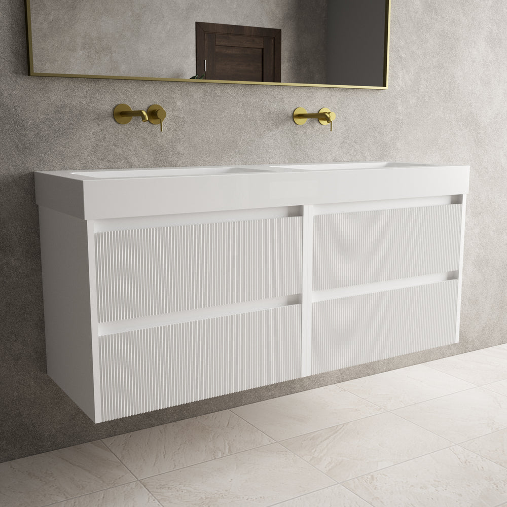 Scanalato Four Drawer Vanity Unit With Beyondstone BLOC Double Basin - Pure White 1400mm