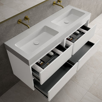 Scanalato Four Drawer Vanity Unit With Beyondstone BLOC Double Basin - Pure White 1400mm