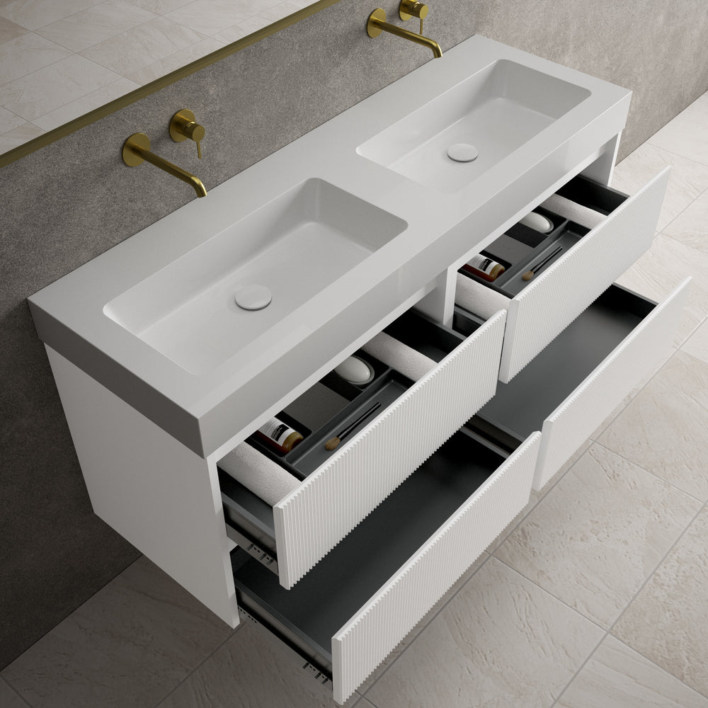 Scanalato Four Drawer Vanity Unit With Beyondstone BLOC Double Basin - Pure White 1400mm