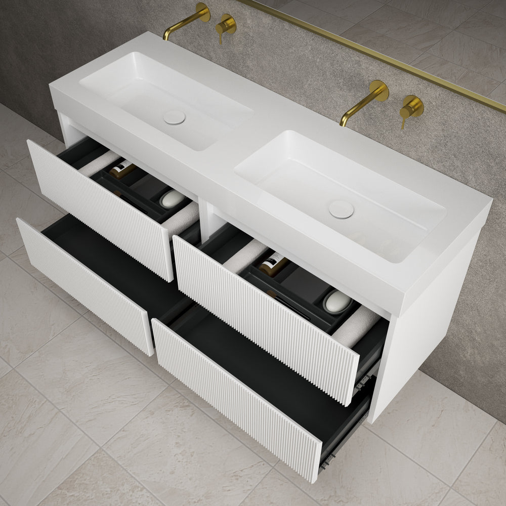 Scanalato Four Drawer Vanity Unit With Beyondstone BLOC Double Basin - Pure White 1400mm