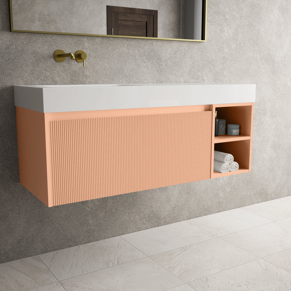Scanalato Single Drawer Vanity Unit With Open Storage Space And Beyondstone BLOC Basin - Peach Fuzz 1200mm