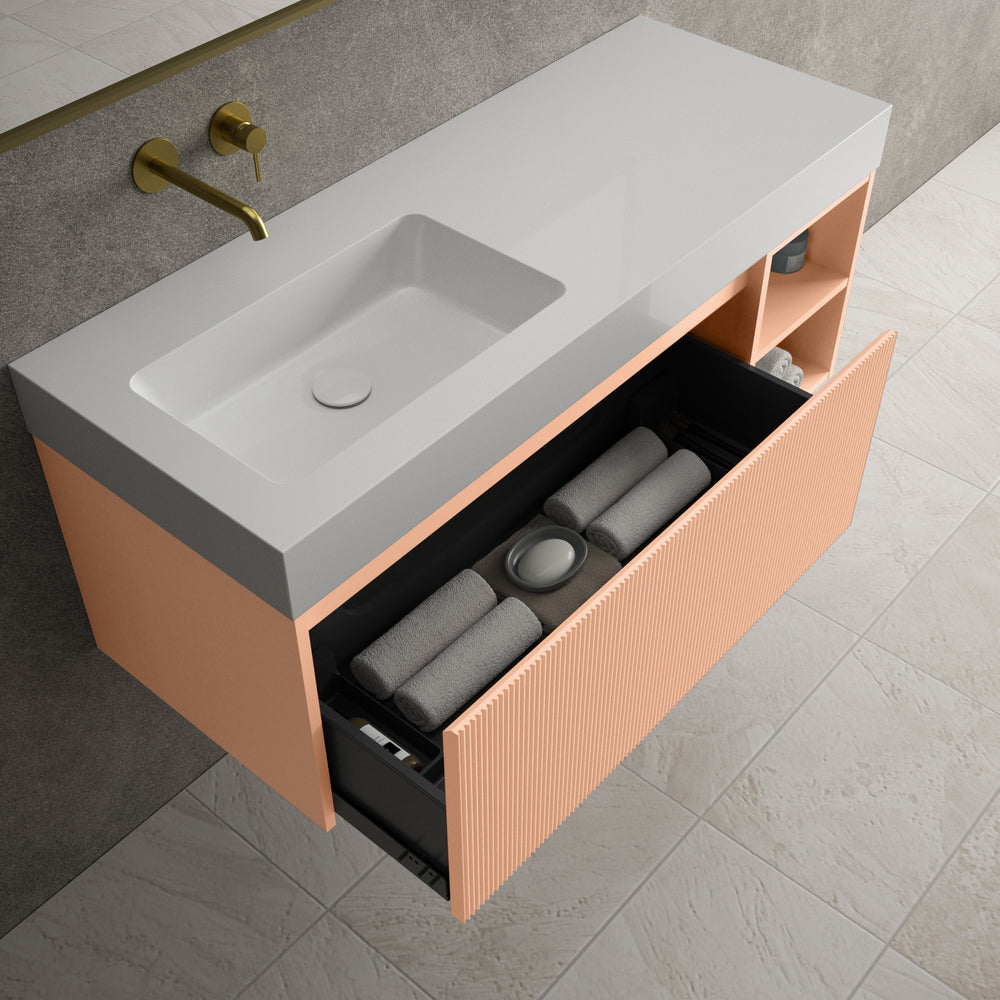 Scanalato Single Drawer Vanity Unit With Open Storage Space And Beyondstone BLOC Basin - Peach Fuzz 1200mm