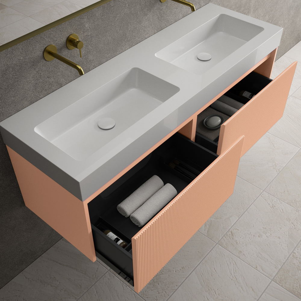 Scanalato Double Drawer Vanity Unit With Beyondstone BLOC Double Basin - Peach Fuzz 1400mm